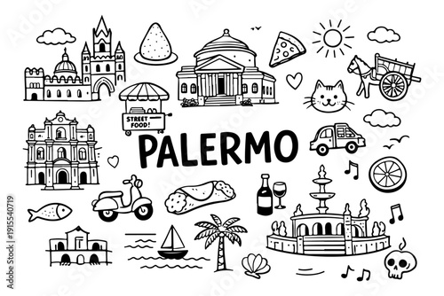 Palermo Sicily Travel Hand Drawn Doodle Set. Vector Illustration of Italian Landmarks, Street Food and Culture Symbols.