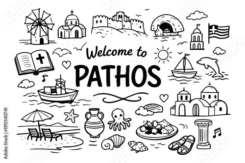 Paphos Cyprus Travel Hand Drawn Doodle Set. Vector Illustration of Ancient Landmarks and Summer Symbols.