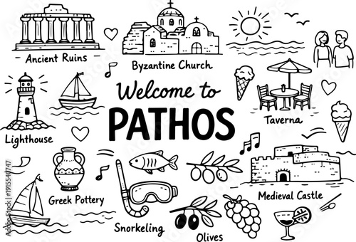 Paphos Cyprus Travel Hand Drawn Doodle Set. Vector Illustration of Ancient Landmarks and Summer Symbols.
