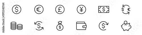 Currency and finance line icon set with money symbols, exchange, wallet, cash, savings, transactions, and financial savings for banking and fintech apps. thin line icon set collection. editable stroke