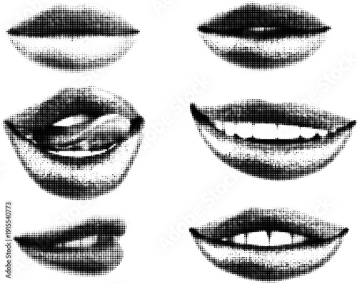 Collection of six stylized halftone lip illustrations, showing neutral, smiling, parted, and playful expressions. Black and white dot patterns. Ideal for graphic design, fashion, or pop art projects.
