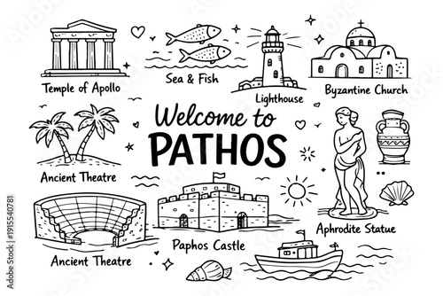 Paphos Cyprus Travel Hand Drawn Doodle Set. Vector Illustration of Ancient Landmarks and Summer Symbols.