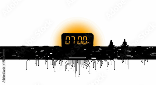 Digital clock glowing at sunrise over a futuristic cityscape with circuit board elements, symbolizing technology and a new day.