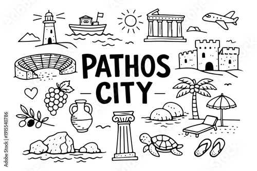 Paphos Cyprus Travel Hand Drawn Doodle Set. Vector Illustration of Ancient Landmarks and Summer Symbols.