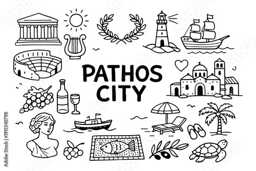 Paphos Cyprus Travel Hand Drawn Doodle Set. Vector Illustration of Ancient Landmarks and Summer Symbols.