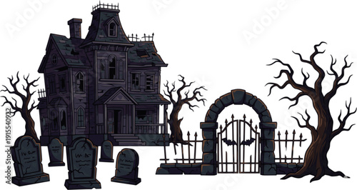 Spooky haunted house with a dilapidated gate, gravestones, and barren trees, ideal for a horror or Halloween theme.