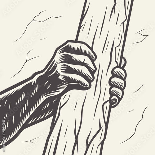 Primal hand gripping a rough wooden post, conveying struggle, survival, or connection to nature in a strong, woodcut-style illustration.
