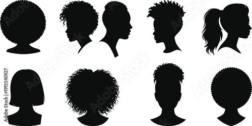 Black female hairstyle silhouette illustrations featuring diverse hair textures and styles, including afro, curls, bob, ponytail, and puff bun, ideal for design, fashion, and identity graphics