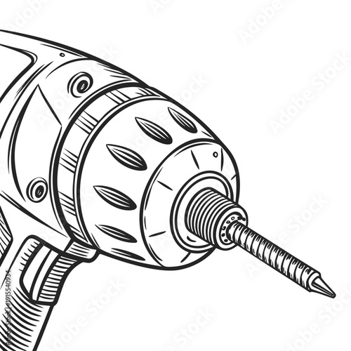 Close-up illustration of a power drill head, detailed tool for construction and DIY projects, rendered in a bold, graphic line art style.