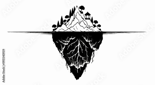 Surreal island landscape with hidden depths and serene mountain peak