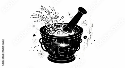Digital data being crushed and transformed in a mortar and pestle, symbolizing data processing and analysis.