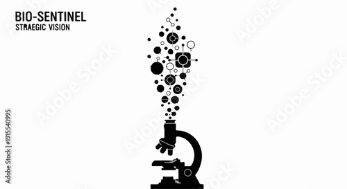 Microscope releasing bubbles and scientific molecules symbolizing innovation and discovery in research.