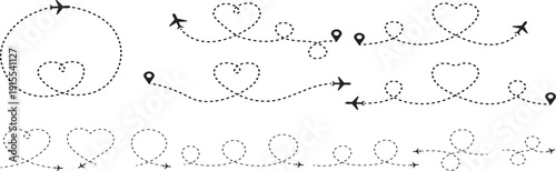 Hand drawn dashed flight path with airplane and heart doodle icons. Cute travel route line collection in thin outline style. Decorative journey trail elements for map and design layout.