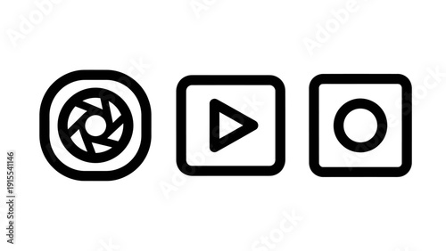 Icons for photography and video: camera aperture, play button, and record button, representing media creation and playback.