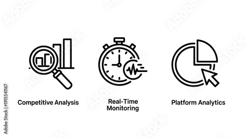 Icons for competitive analysis, real-time monitoring, and platform analytics, visualizing business intelligence and performance tracking.