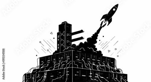 Futuristic rocket launching from a complex, dark structure symbolizing innovation and progress.