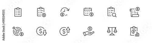 Business Finance Outline Icon Set : budget planning line icons set with document analytics tax, financial data, budgeting, investments, business growth tracking and banking symbols. stroke editable