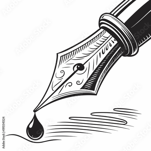 Intricate black and white illustration of a vintage fountain pen nib creating swirling ink lines, emphasizing elegant writing and artistic expression.