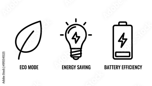 Icons for eco mode, energy saving lightbulb with lightning bolt, and battery efficiency, symbolizing sustainability.