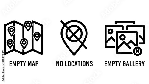 Set of simplistic icons representing a map with pins, a location marker crossed out, and an empty photo gallery with a delete icon.