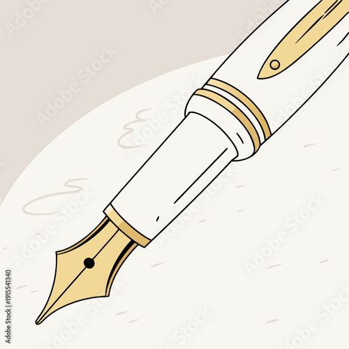Close-up of a classic white and gold fountain pen nib writing on textured paper. Elegant and sophisticated stationery design.