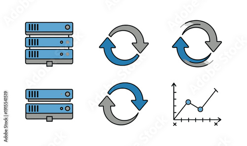 Server icons and chart graph illustrating technology concepts
