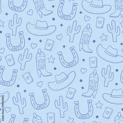 Cute Baby Blue Cowgirl Seamless Pattern – Western Themed Textile Design 