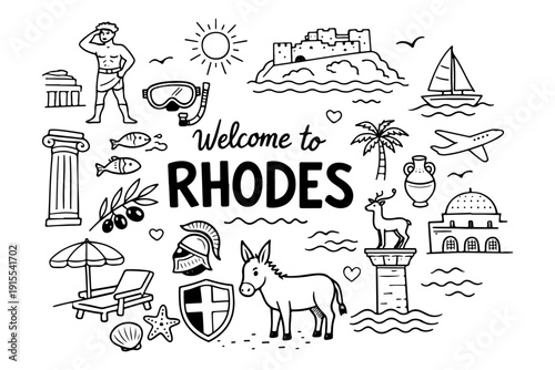 Rhodes Greece Travel Hand Drawn Doodle Set. Vector Illustration of Colossus, Landmarks and Summer Symbols.