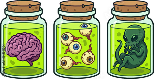 Halloween Horror Potion Jars with Brain Eyeballs and Creature Icon Set Vector Illustration