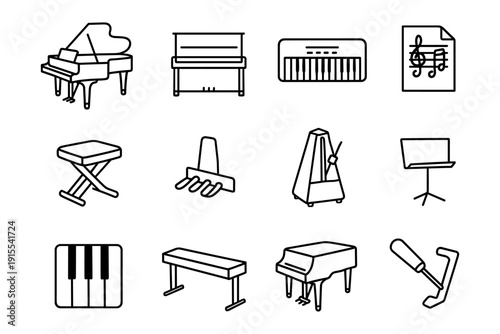 Piano and musical instruments icons set in simple linear style
