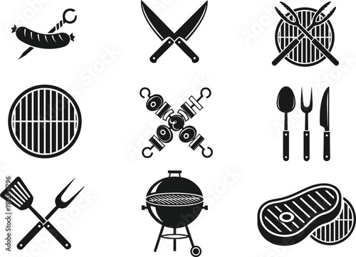 Barbecue grill and BBQ tools icon set with steak, sausages, crossed knives and utensils solid black vector illustration for cooking and restaurant design