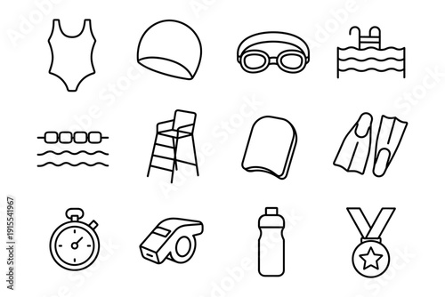 Swimming icon set: gear and pool equipment line art collection