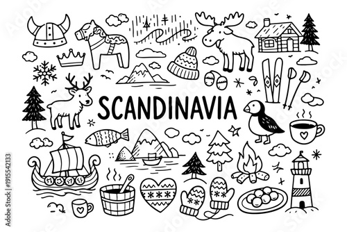 Hand drawn doodle set of Scandinavia travel elements and Nordic culture icons