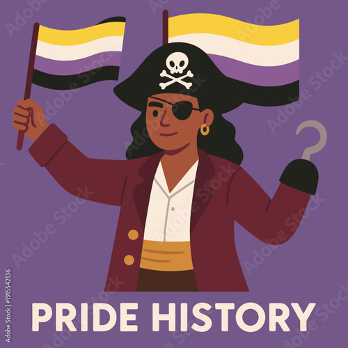 Pride pirate celebrating history with flags on a purple background