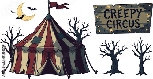 Creepy Circus Halloween Spooky Tent with Dead Trees and Bats Vector Illustration