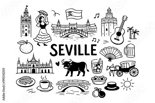Hand drawn doodle set of Seville travel landmarks and Spanish culture symbols