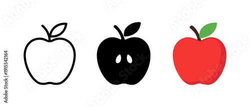 Flat apple icons: outline, solid, and colored variations for design projects