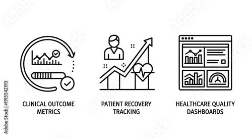 Healthcare icons for clinical outcome metrics, patient recovery tracking, and quality dashboards, visualizing medical data and progress.