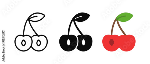 Cherry icons: outline, silhouette, and colorful styles