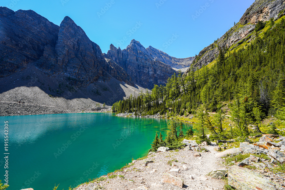 Obraz premium Lake Agnes, a glacier lake sitting above Lake Louise near Banff in the Canadian Rockies of Alberta, Canada