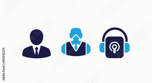 Icons depicting a businessman, an upward-trending businessman, and a podcast audio symbol.