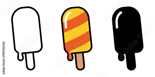 Striped orange and yellow popsicle icons shown in three styles: line art, colored flat vector, and solid black silhouette.