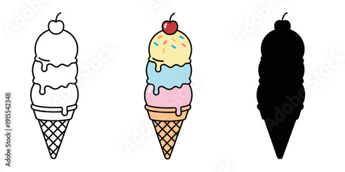 Vector set of a triple scoop ice cream cone with a cherry on top, featuring outline, flat color, and silhouette versions on a white background.