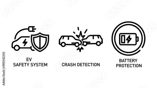Icons for electric vehicle safety systems, crash detection, and battery protection in automotive technology.