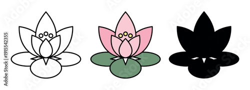 Stylized pink lotus flower icon set featuring minimalist line work, flat color, and solid silhouette variations.