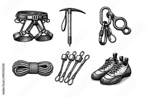 Vintage hand drawn rock climbing gear and mountaineering equipment in engraving style