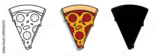 Top view vector icons of a pepperoni pizza slice with herbs, presented in line art, vibrant color, and silhouette styles.