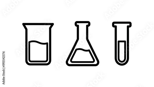 Black Outline Icons of Lab Glassware: Beaker, Conical Flask, and Test Tube with Liquid for Scientific Research and Experimentation