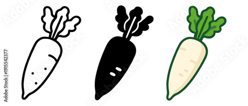 Carrot trio in outline, silhouette, and color styles for design projects