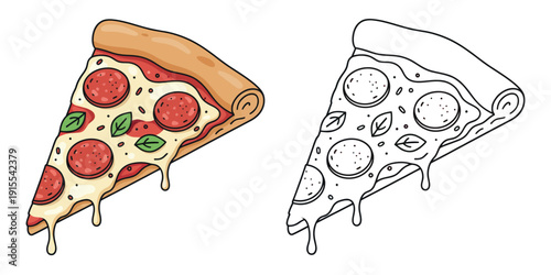Detailed illustration of a pizza slice with pepperoni, melted cheese, and basil leaves, including a full color version and a black and white outline.